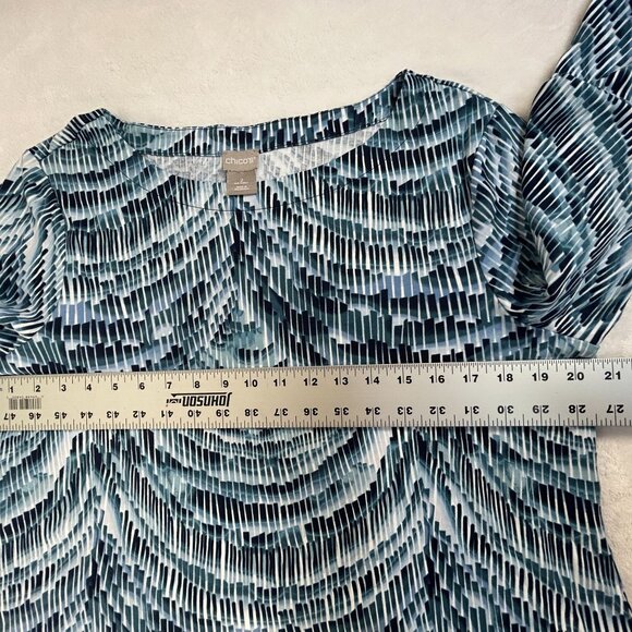 Chico's Womens Geometric Print Bell Sleeve Top Size 2, Large Blue 100% Cotton - Picture 5 of 7